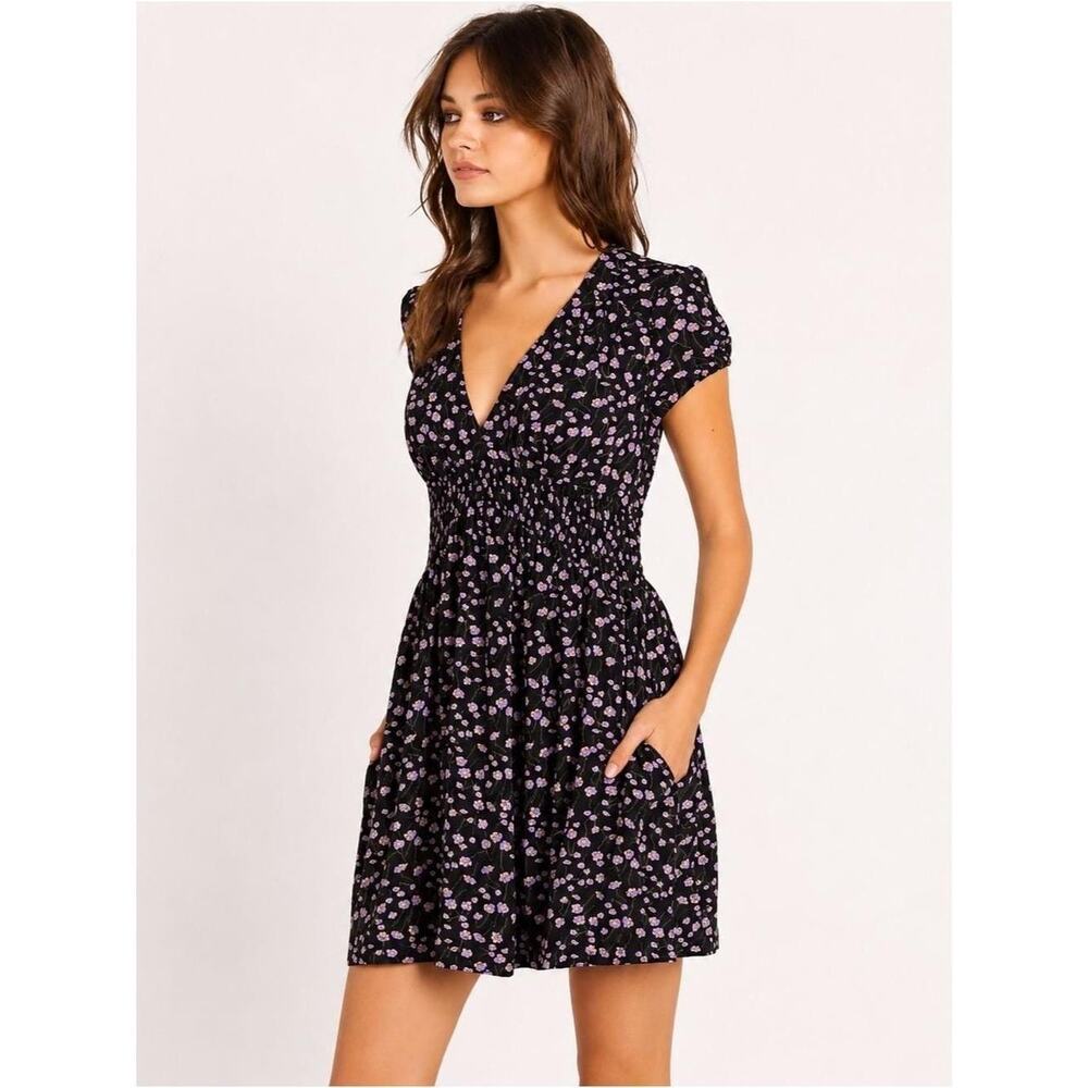 Free People Pretty Baby Black Purple Ditsy Floral Smocked Backless Mini Dress L